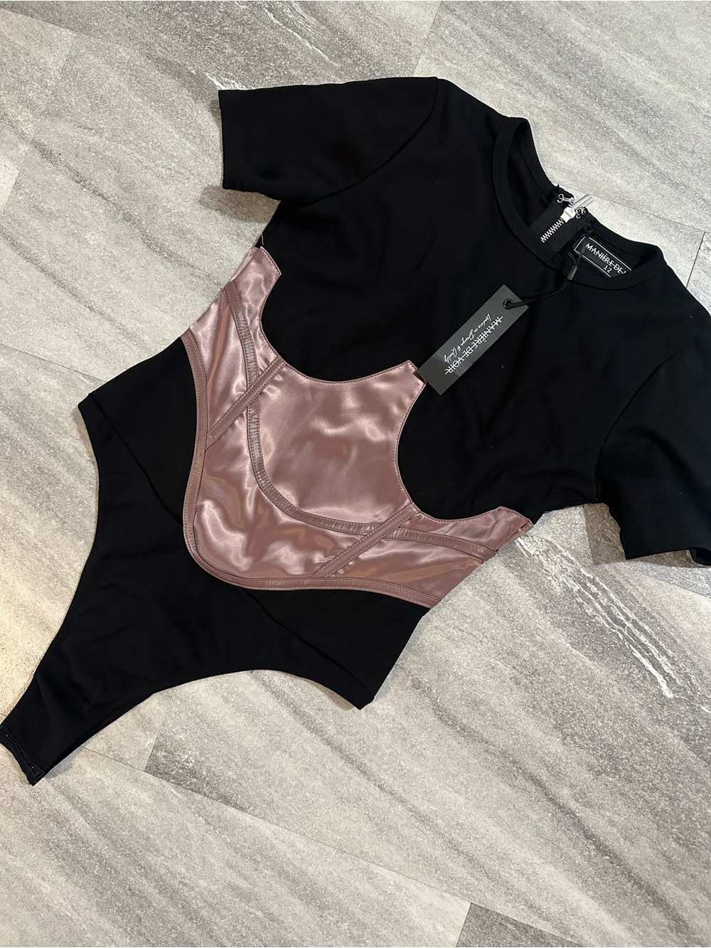 NWT ✨ Maniere De Voir bodysuit black & mauve pink satin corset size 12